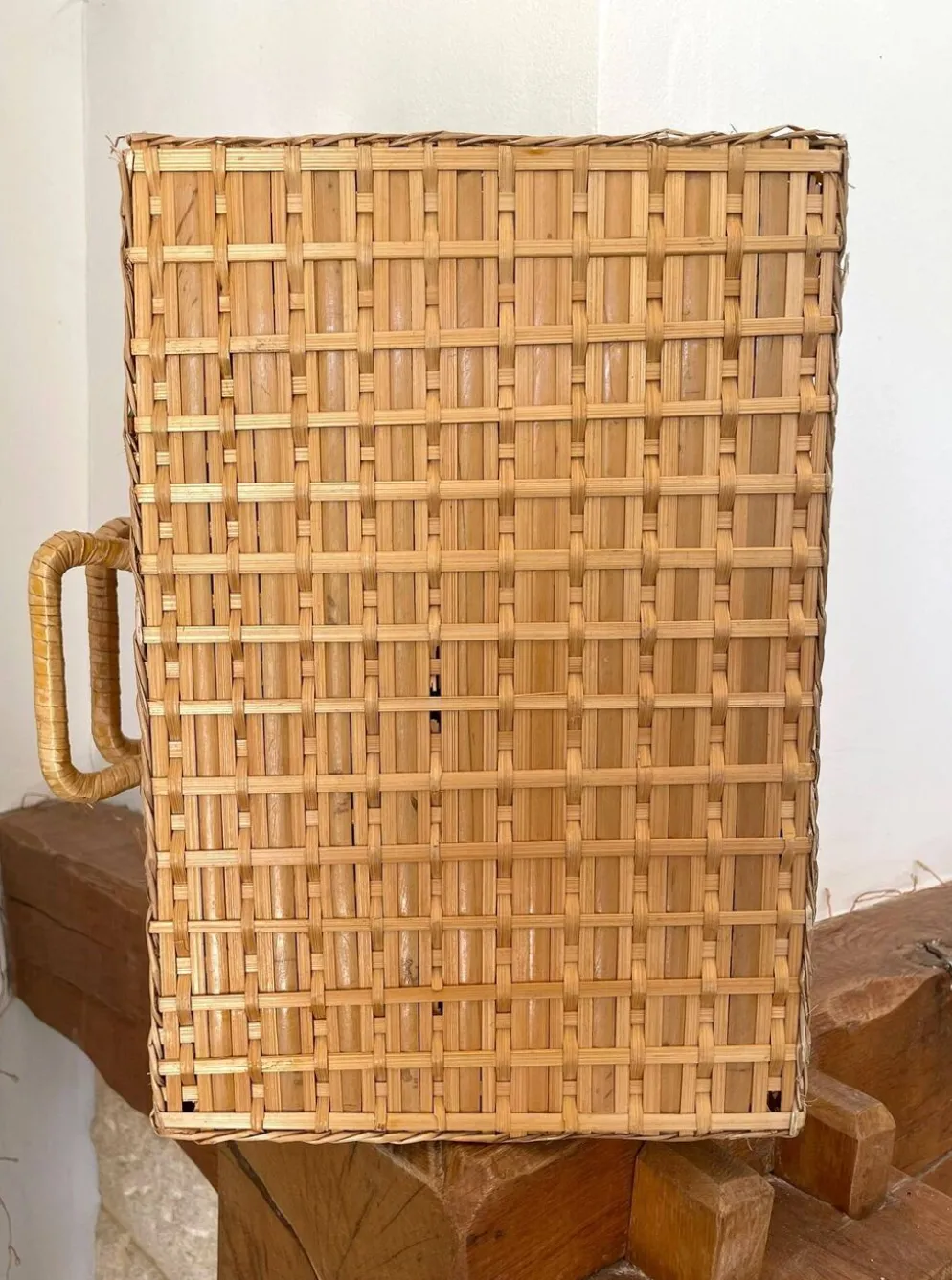 Valise vintage en osier, rotin