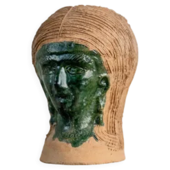 Vase en céramique vintage des années 1980, forme de tête sculpturale avec visage émaillé vert, objet d’art en terre cuite