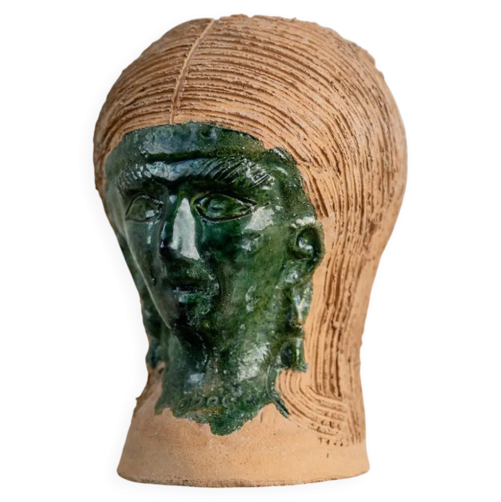 Vase en céramique vintage des années 1980, forme de tête sculpturale avec visage émaillé vert, objet d’art en terre cuite