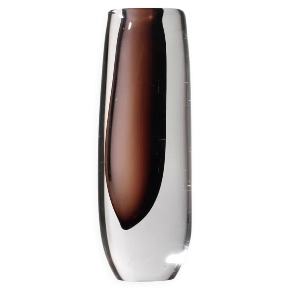 Vase en verre Sommerso de Vicke Lindstrand en clair et marron, années 1960, signé.