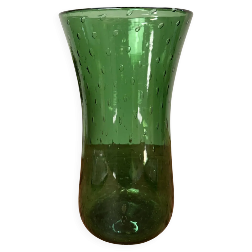 Vase en verre soufflé vert à décor de bulles