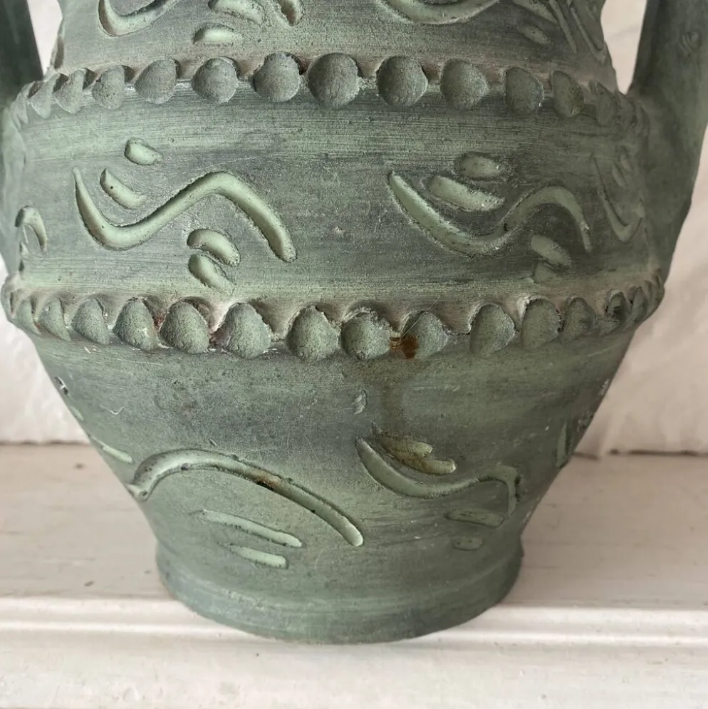 Vase espagnol années 60-70 , céramique vert-de-gris olive , 31 cm