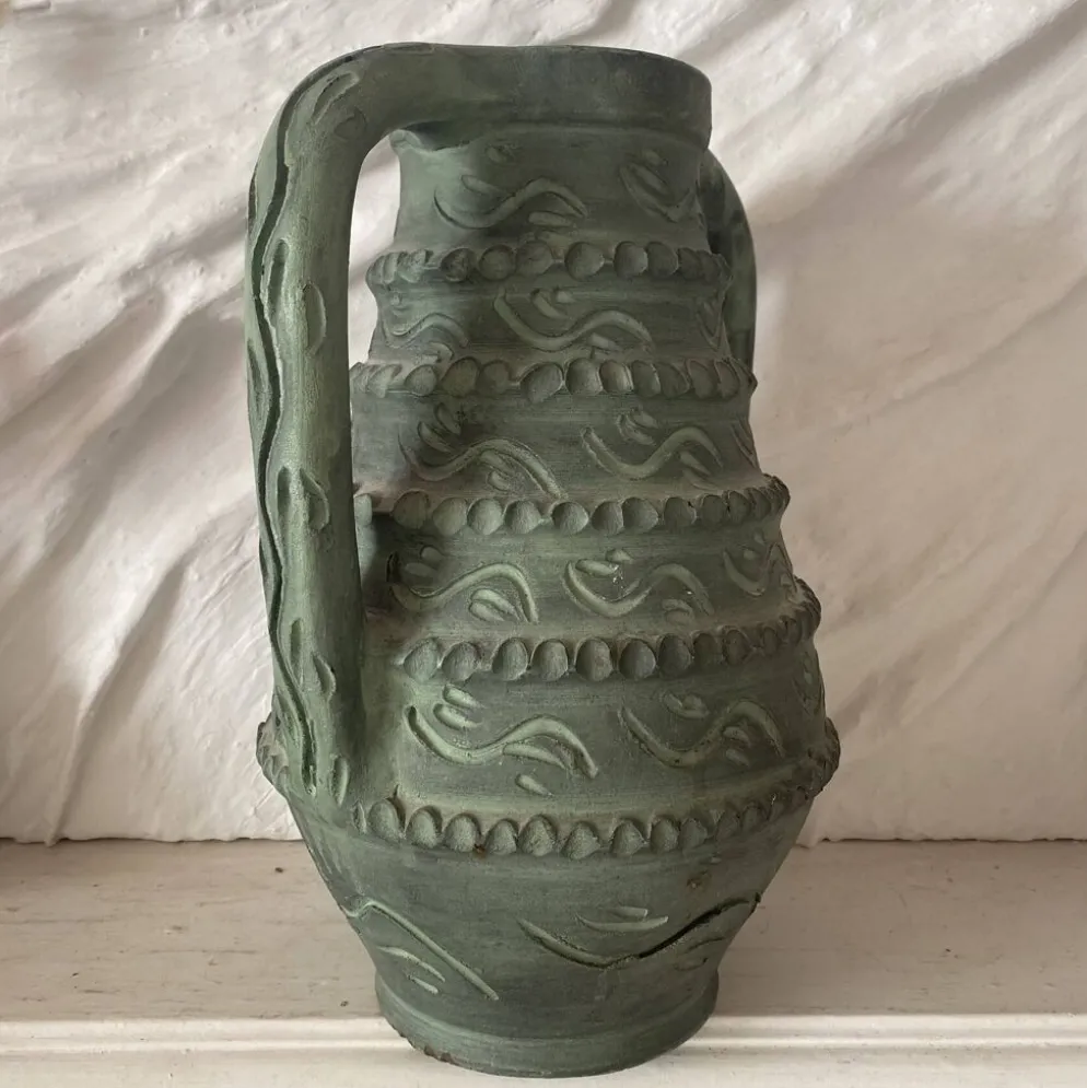 Vase espagnol années 60-70 , céramique vert-de-gris olive , 31 cm