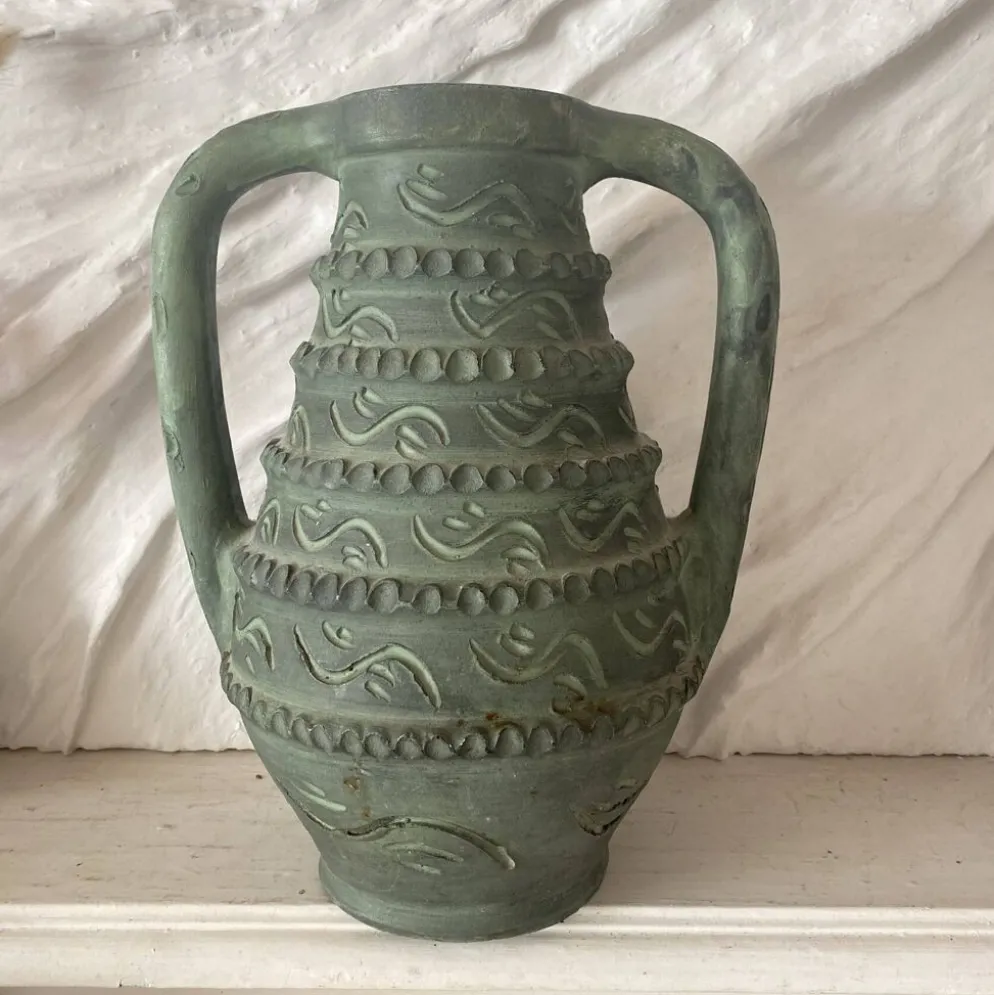 Vase espagnol années 60-70 , céramique vert-de-gris olive , 31 cm