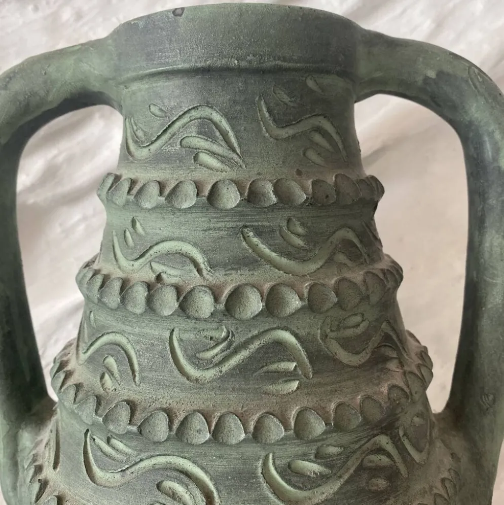 Vase espagnol années 60-70 , céramique vert-de-gris olive , 31 cm