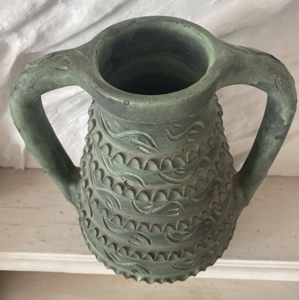 Vase espagnol années 60-70 , céramique vert-de-gris olive , 31 cm