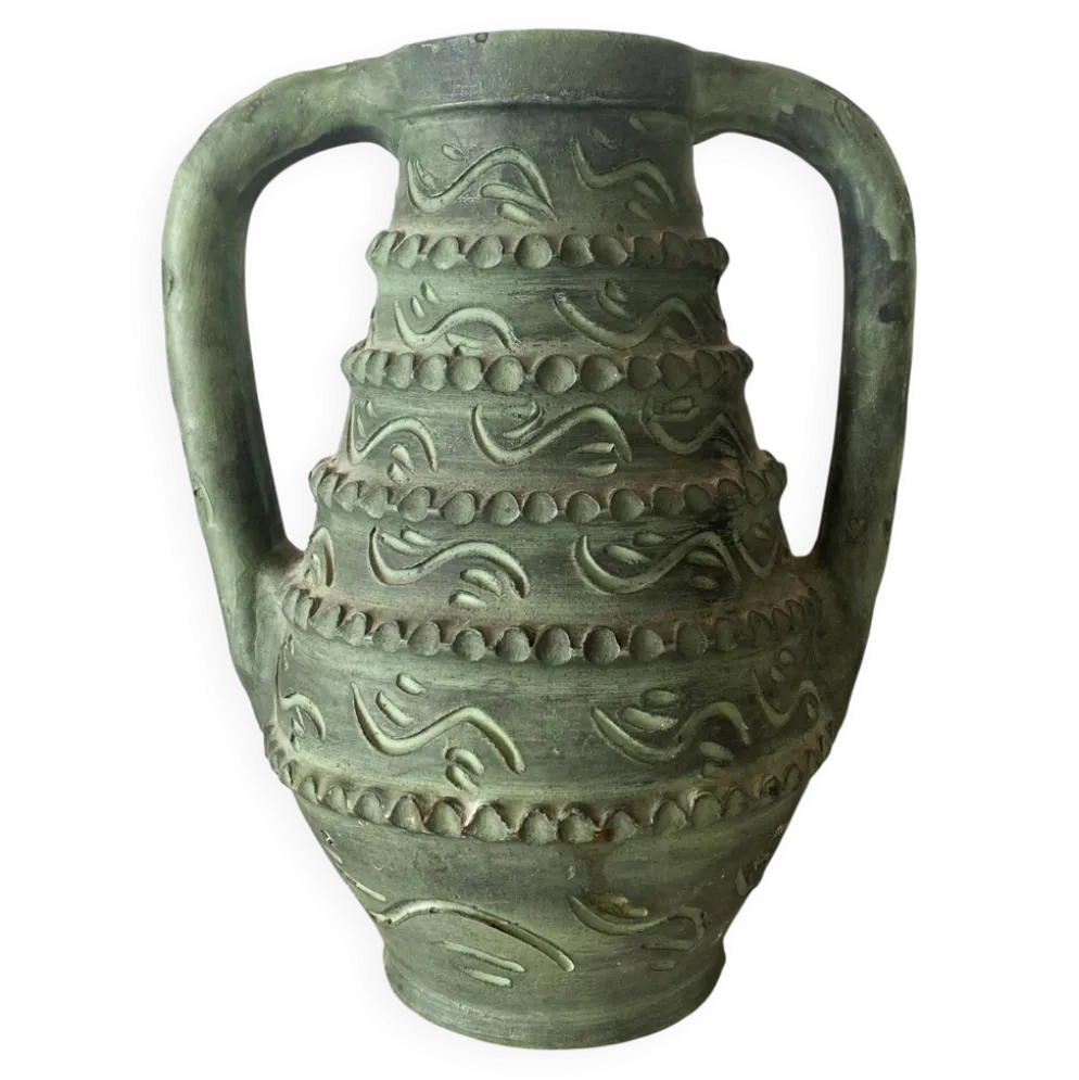 Vase espagnol années 60-70 , céramique vert-de-gris olive , 31 cm