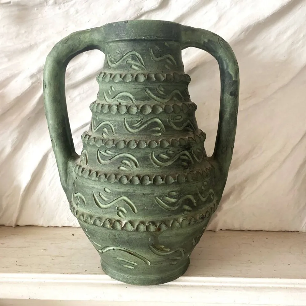 Vase espagnol années 60-70 , céramique vert-de-gris olive , 31 cm