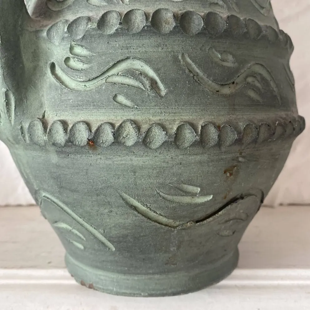 Vase espagnol années 60-70 , céramique vert-de-gris olive , 31 cm