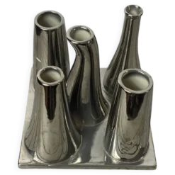 Vase multitubes asymétriques sur socle en céramique argentée, 1970