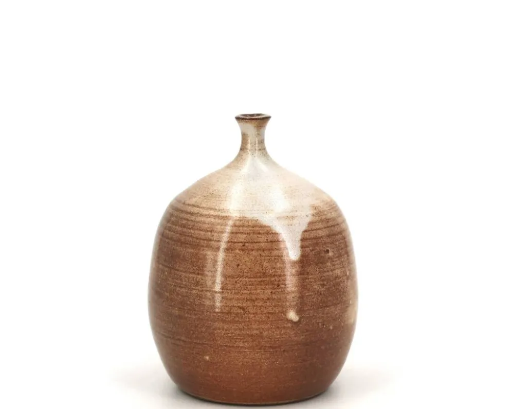 Vase ovoïde à petit col en céramique marron beige et coulures blanches