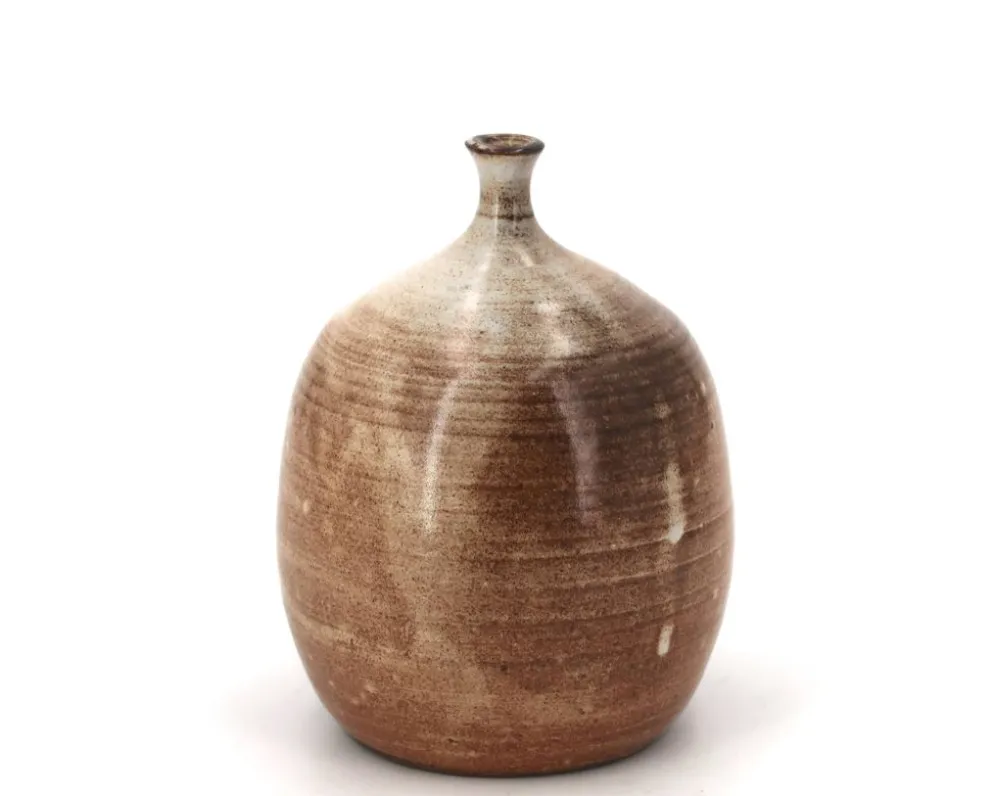 Vase ovoïde à petit col en céramique marron beige et coulures blanches