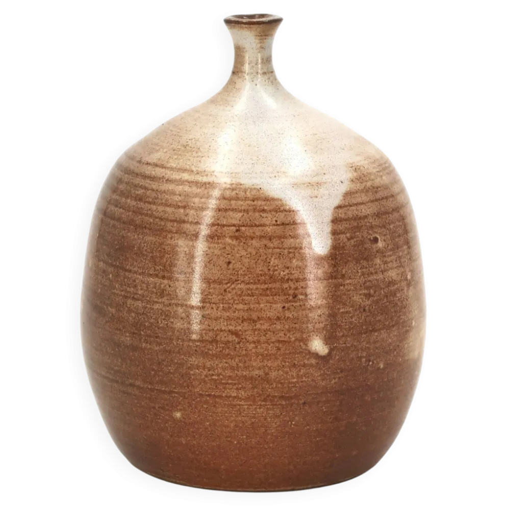 Vase ovoïde à petit col en céramique marron beige et coulures blanches