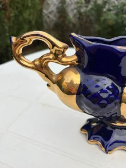 Vase urne jardinière bleu cobalt plaqué or vintage Italie