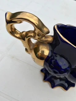 Vase urne jardinière bleu cobalt plaqué or vintage Italie