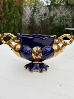 Vase urne jardinière bleu cobalt plaqué or vintage Italie
