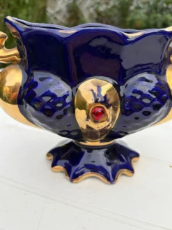 Vase urne jardinière bleu cobalt plaqué or vintage Italie