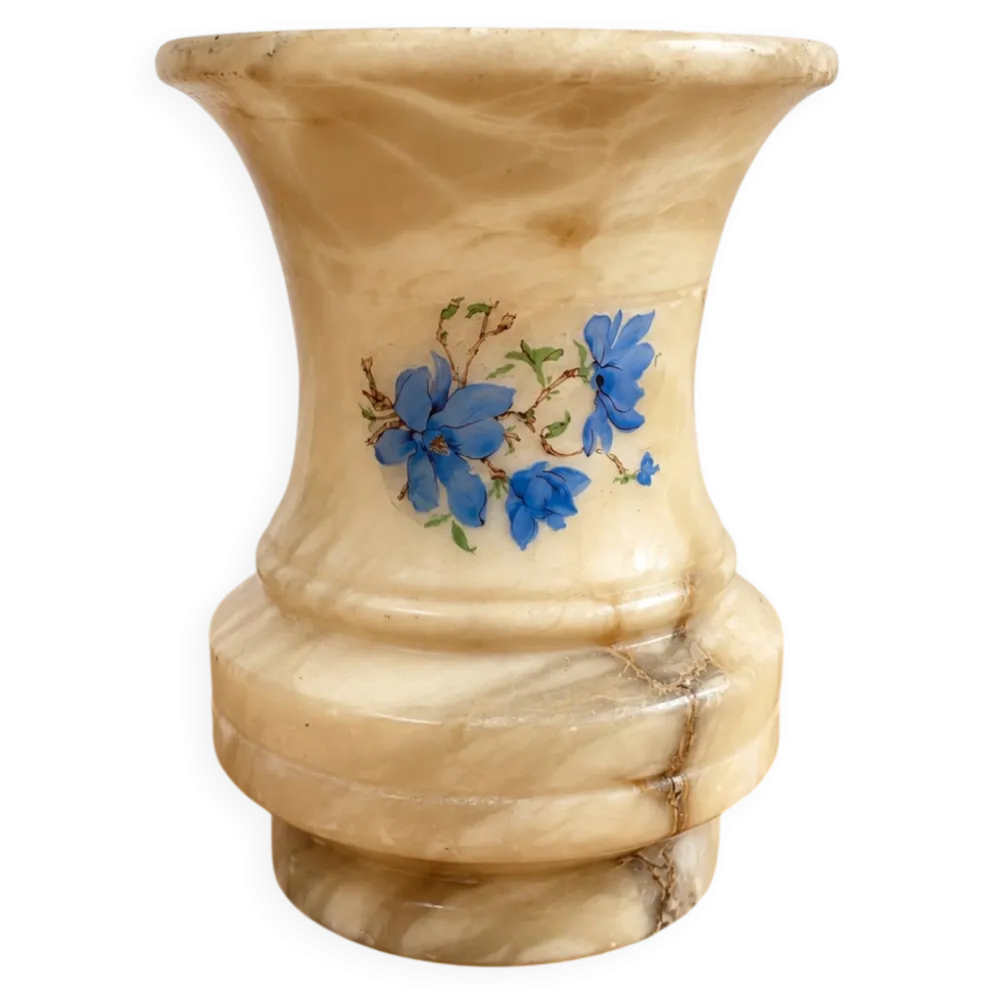 Vase vintage en albâtre à décor floral bleu