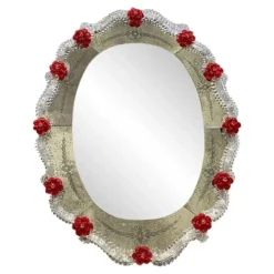 Venetian Murano Glass Oval Red Floral Wall Mirror – Hand-Carved Italian Art