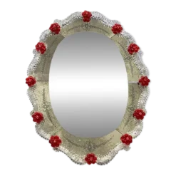 Venetian Murano Glass Oval Red Floral Wall Mirror – Hand-Carved Italian Art