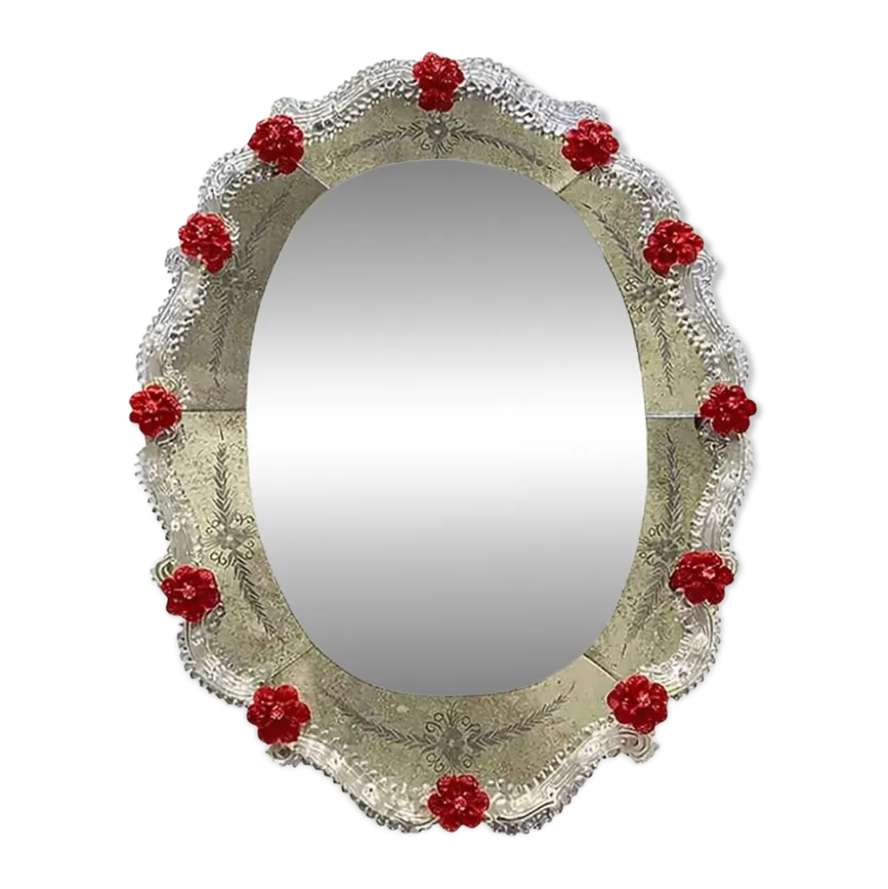 Venetian Murano Glass Oval Red Floral Wall Mirror – Hand-Carved Italian Art