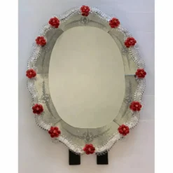 Venetian Murano Glass Oval Red Floral Wall Mirror – Hand-Carved Italian Art