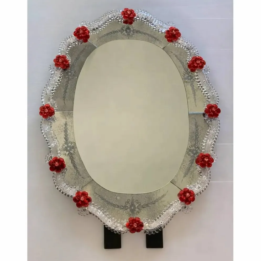 Venetian Murano Glass Oval Red Floral Wall Mirror – Hand-Carved Italian Art