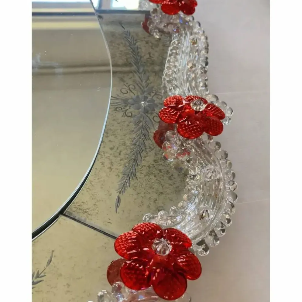 Venetian Murano Glass Oval Red Floral Wall Mirror – Hand-Carved Italian Art