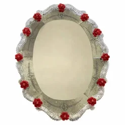 Venetian Murano Glass Oval Red Floral Wall Mirror – Hand-Carved Italian Art