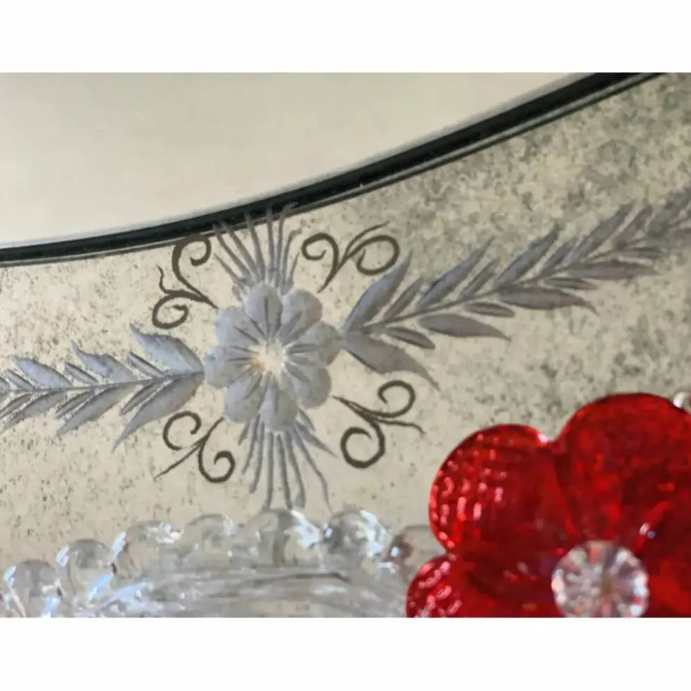 Venetian Murano Glass Oval Red Floral Wall Mirror – Hand-Carved Italian Art