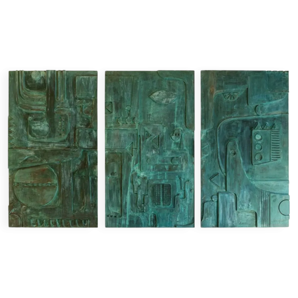 Victoire de Segonzac. Panneau triptyque sculpté et cuivré. Contemporain