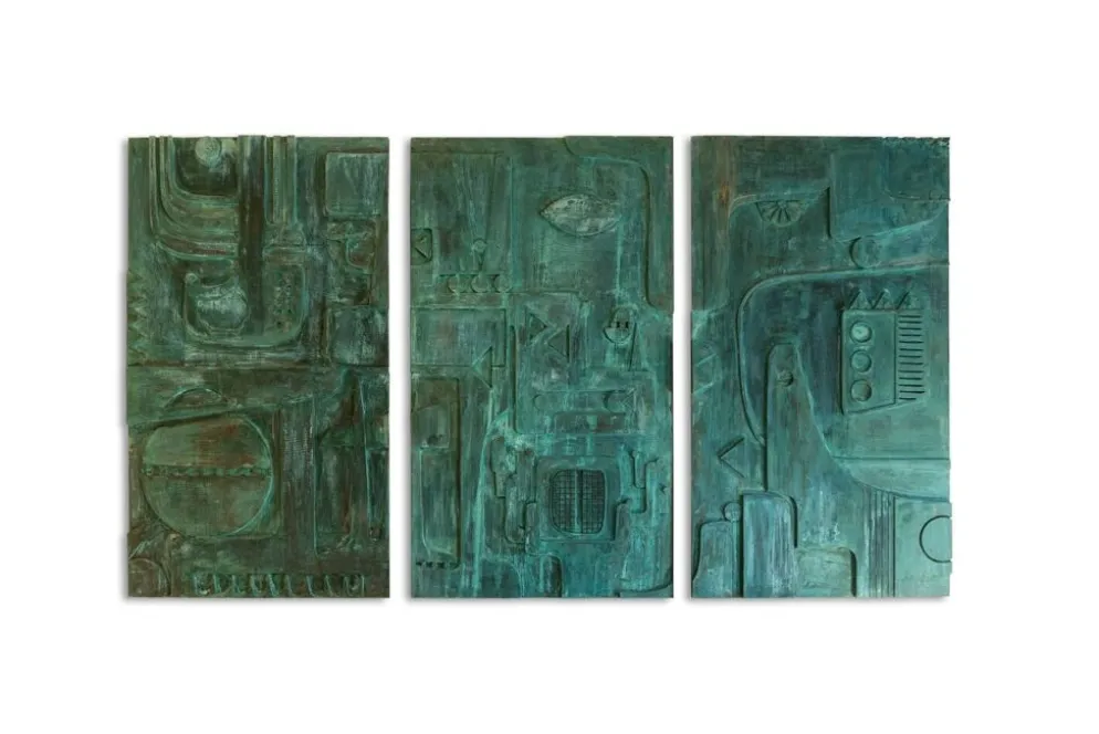Victoire de Segonzac. Panneau triptyque sculpté et cuivré. Contemporain