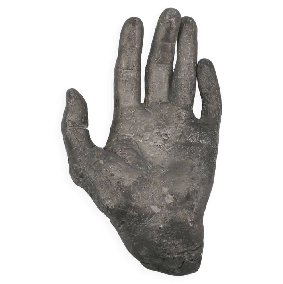 Vide poche en fonte couleur argent moulage d'une main, sculpture années 70