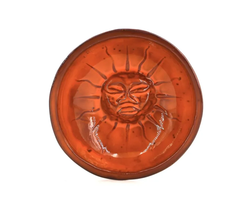 Vide poche Mexicain en céramique orange et noir, Soleil visage années 70
