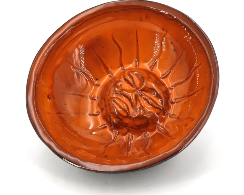 Vide poche Mexicain en céramique orange et noir, Soleil visage années 70