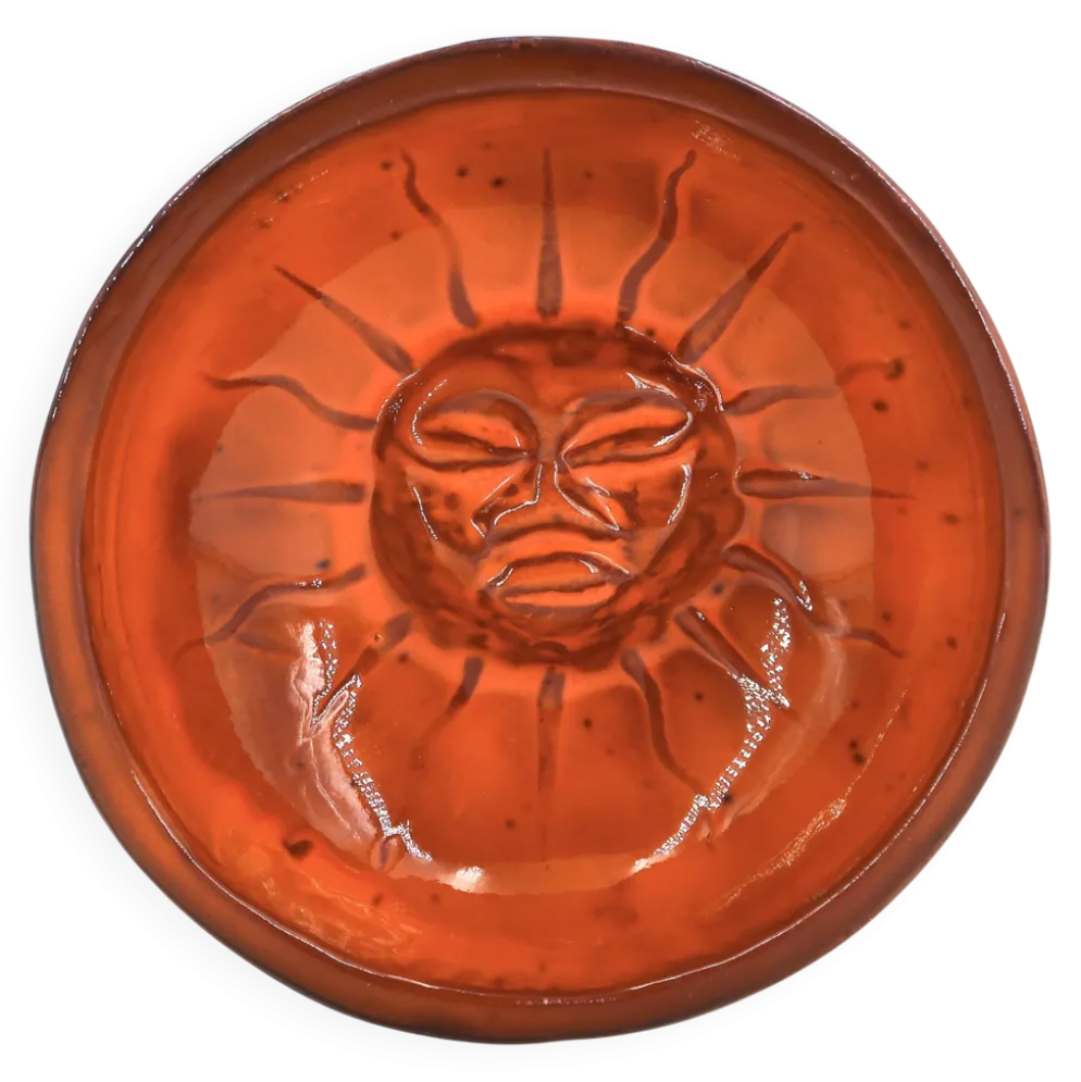 Vide poche Mexicain en céramique orange et noir, Soleil visage années 70