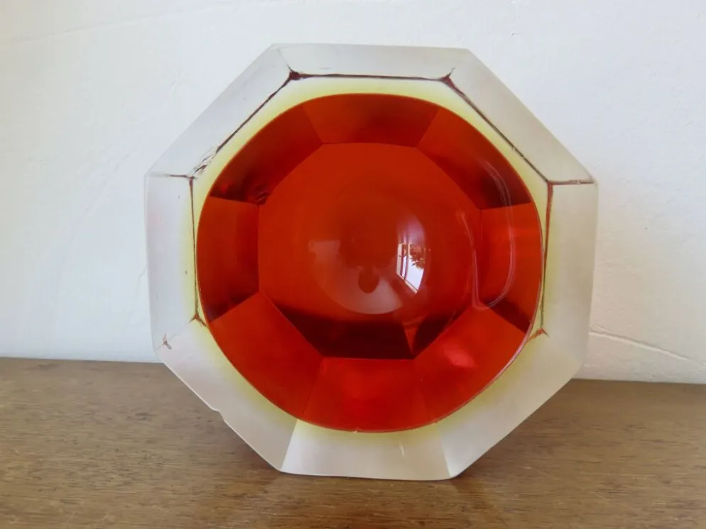 Vide poche ou cendrier octogonal Sommerso Murano, design Flavio Poli, 1970