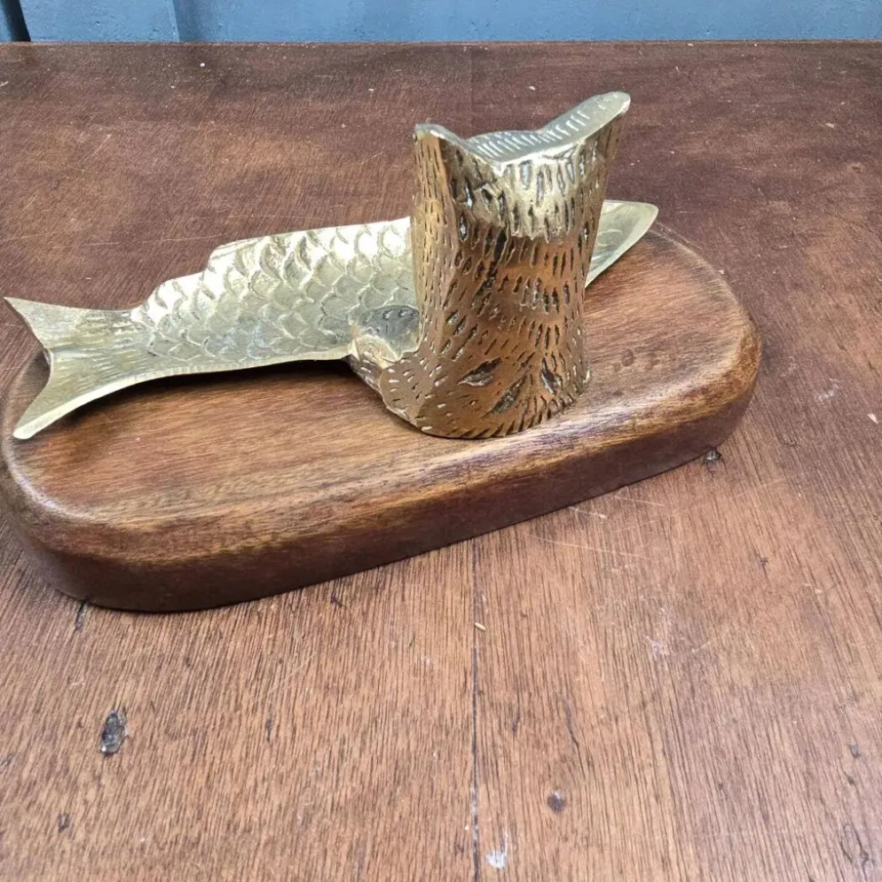 Vide-poche vintage chat poisson en laiton sur socle bois massif