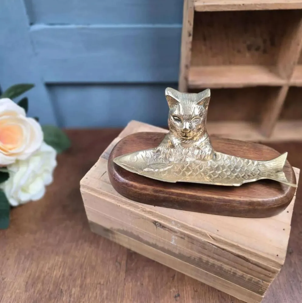 Vide-poche vintage chat poisson en laiton sur socle bois massif