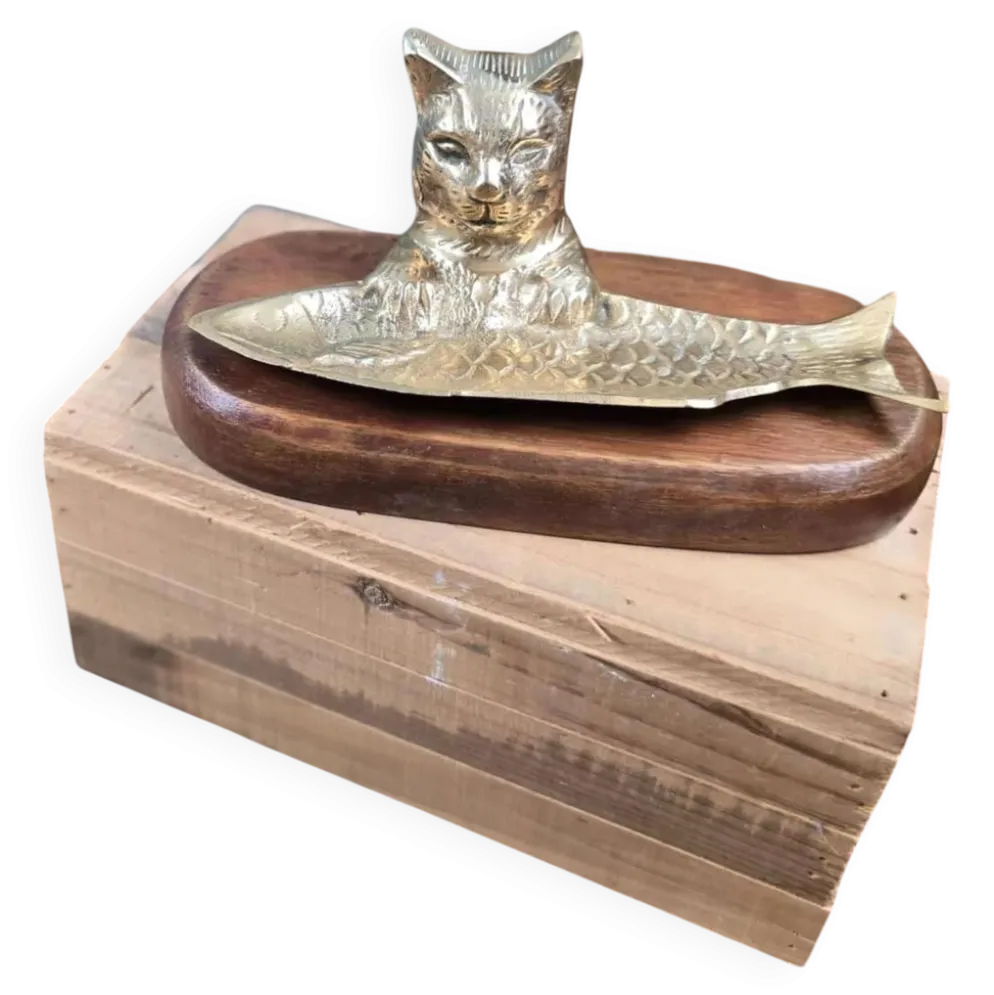 Vide-poche vintage chat poisson en laiton sur socle bois massif
