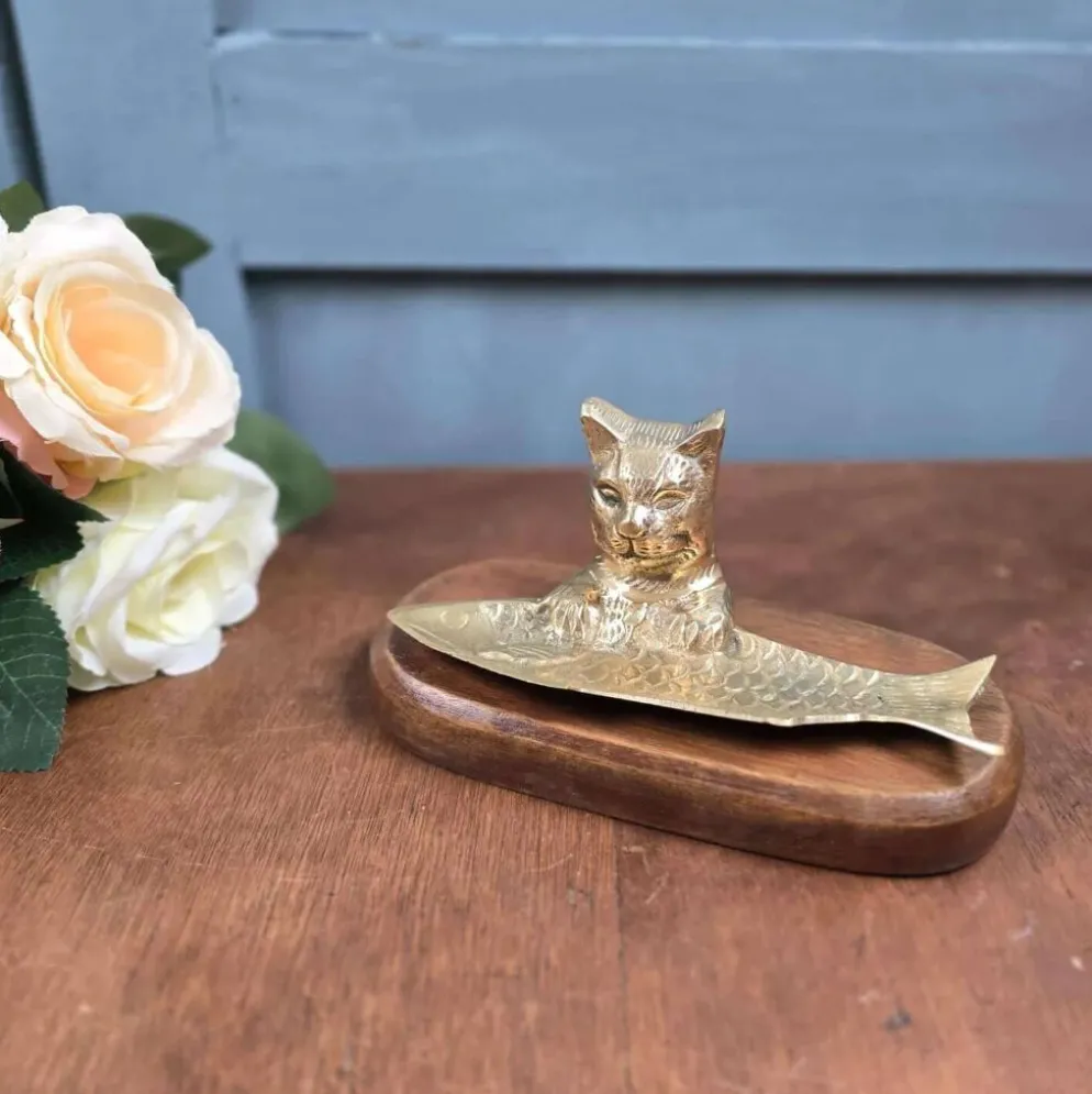 Vide-poche vintage chat poisson en laiton sur socle bois massif