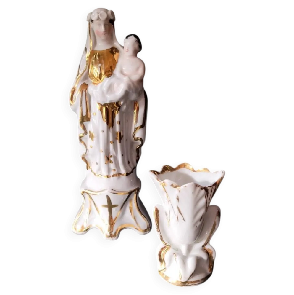 Vierge à l'enfant et vase dorés à l'or fin