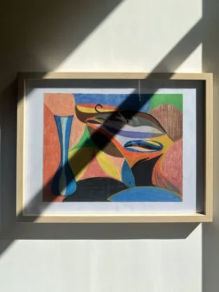 Vintage cubiste nature morte pastel sous verre et signée de 1967