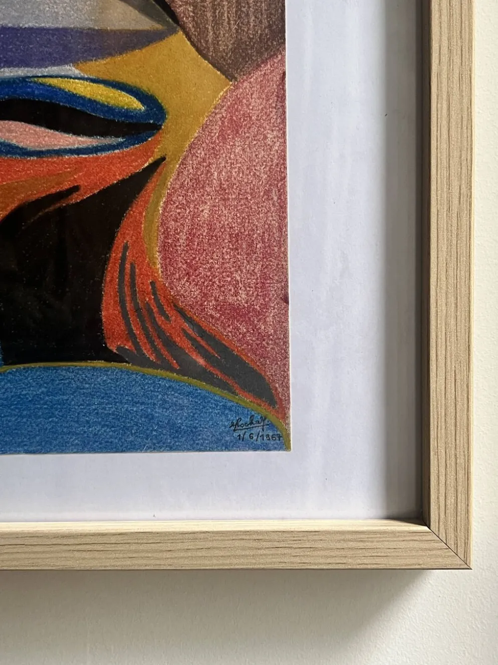 Vintage cubiste nature morte pastel sous verre et signée de 1967
