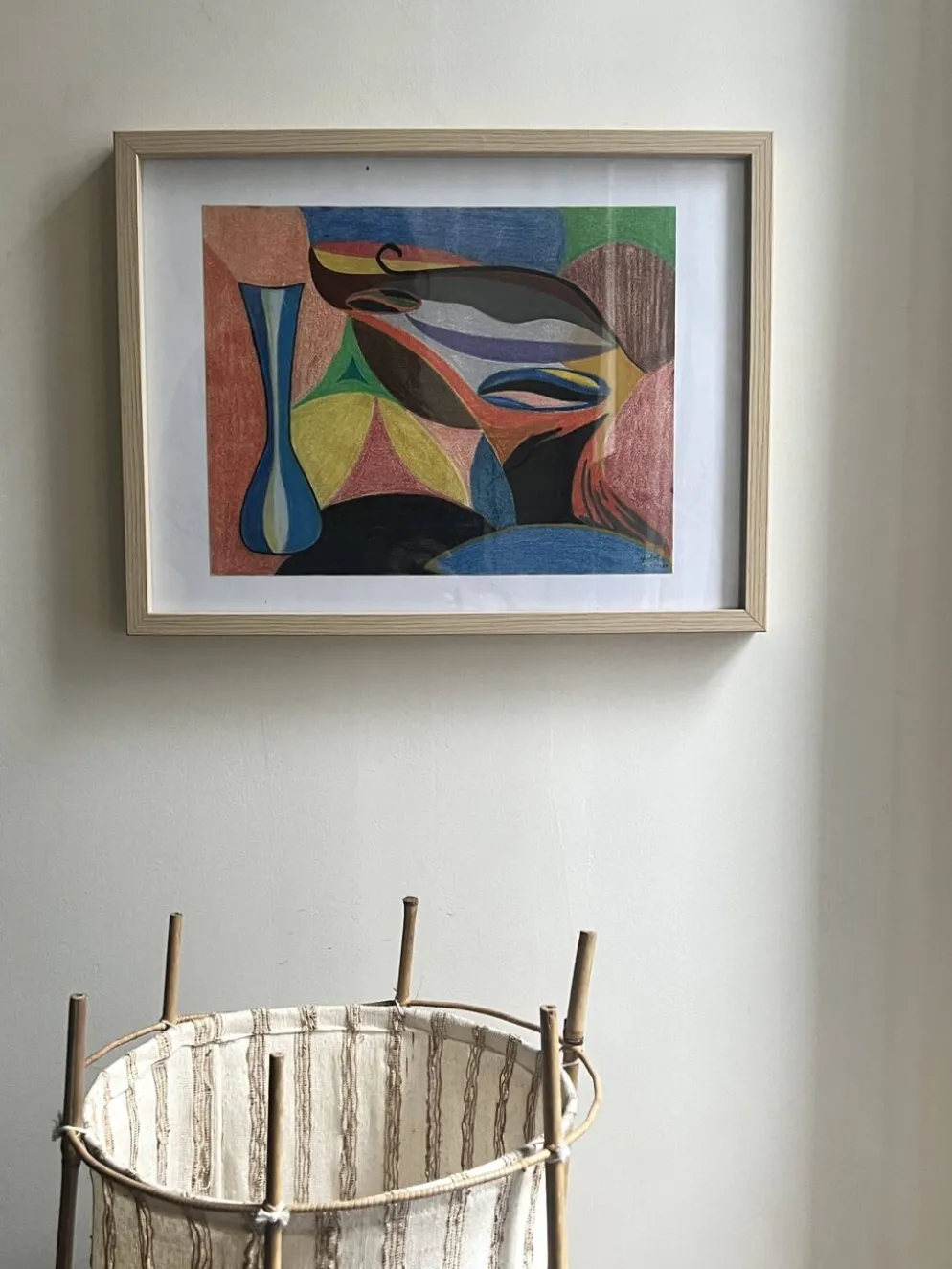 Vintage cubiste nature morte pastel sous verre et signée de 1967