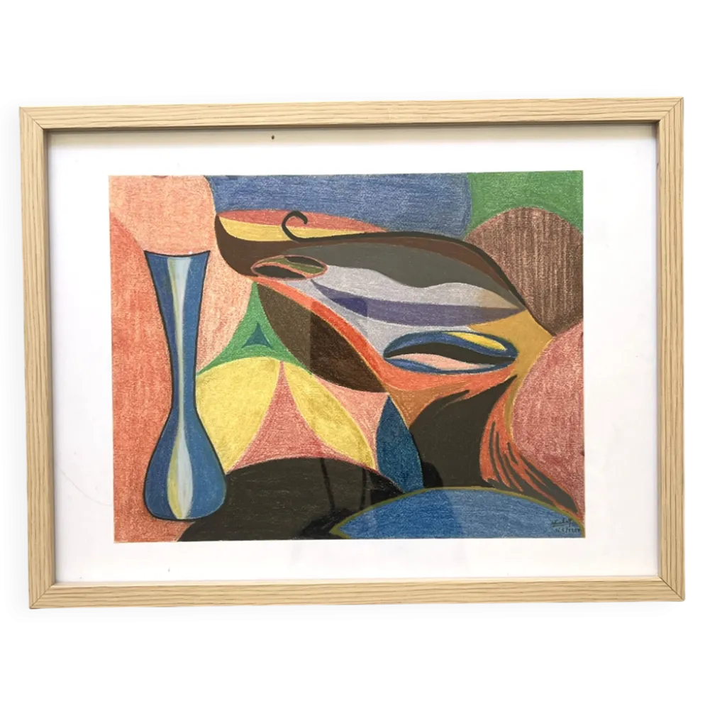 Vintage cubiste nature morte pastel sous verre et signée de 1967
