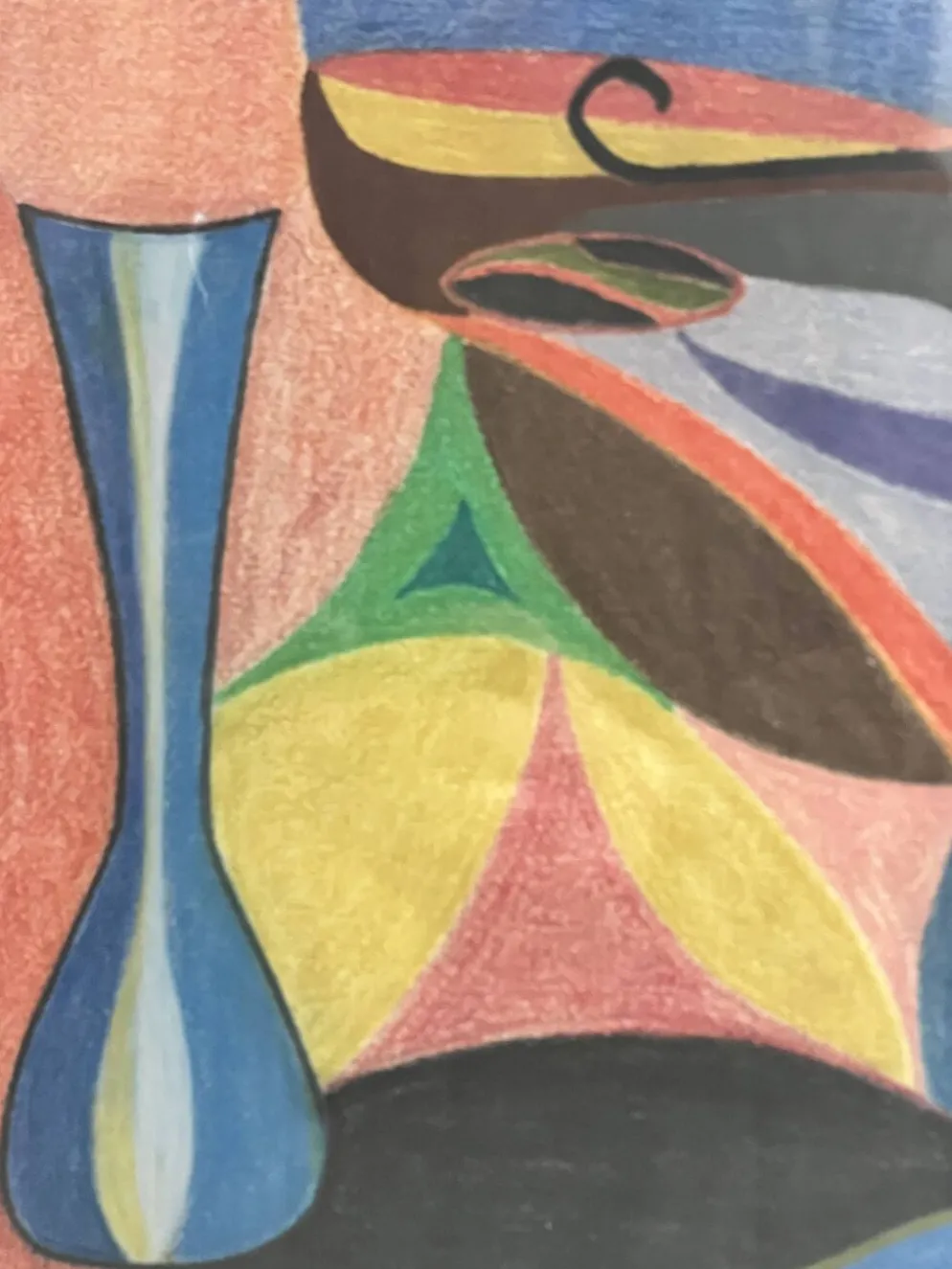 Vintage cubiste nature morte pastel sous verre et signée de 1967