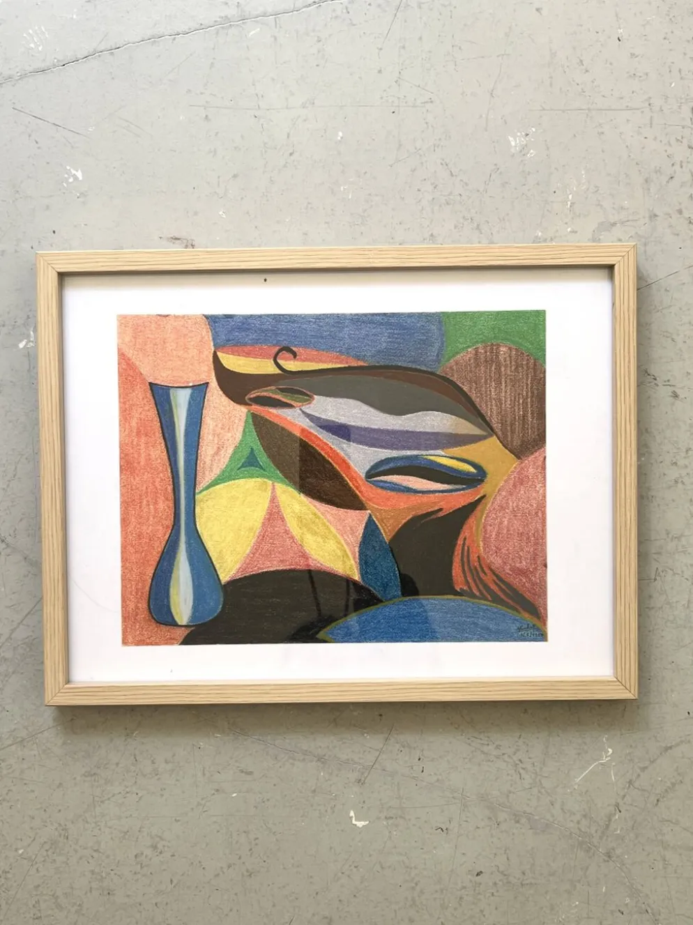 Vintage cubiste nature morte pastel sous verre et signée de 1967