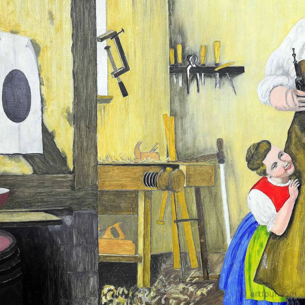 W. Melchinger - Scène folklorique bavaroise dans une menuiserie 1956