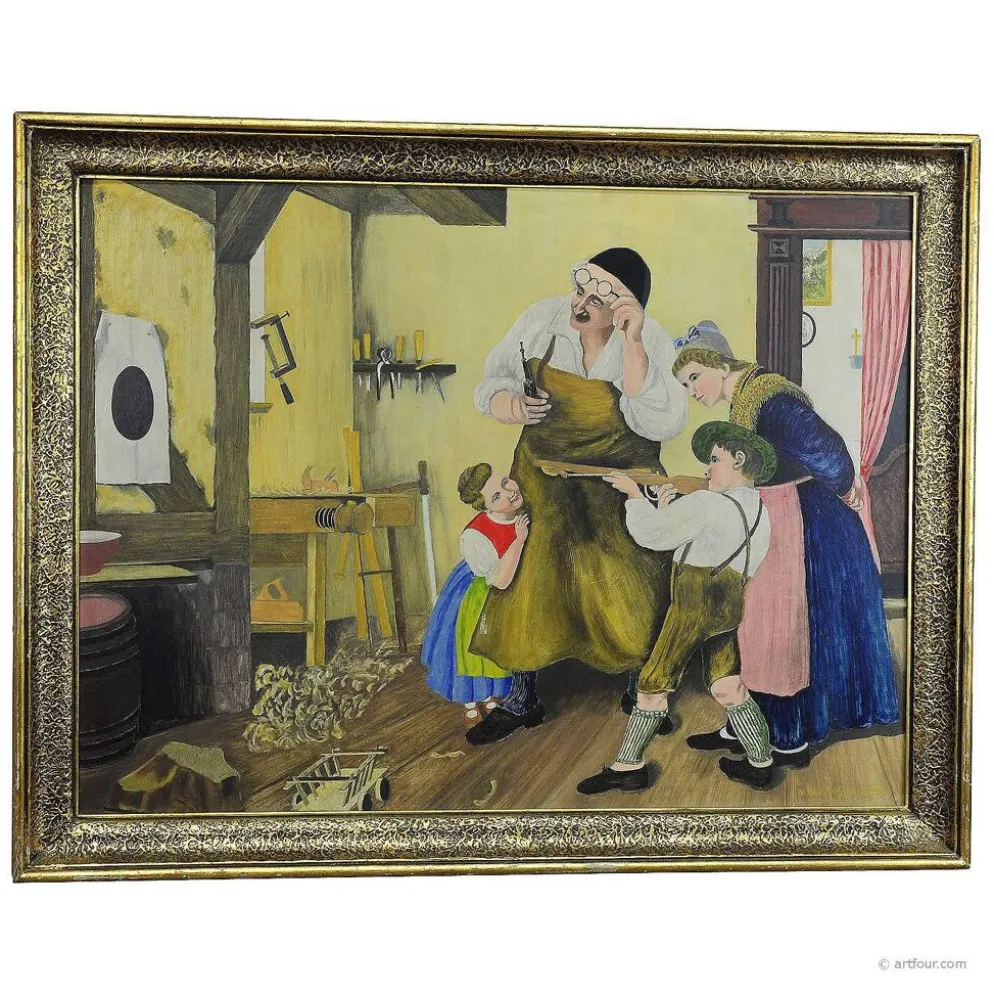 W. Melchinger - Scène folklorique bavaroise dans une menuiserie 1956